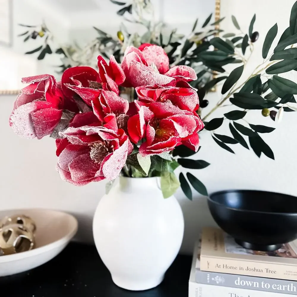 Snowy Frosted holiday red Magnolia Christmas stems Bundle artificial flowers
